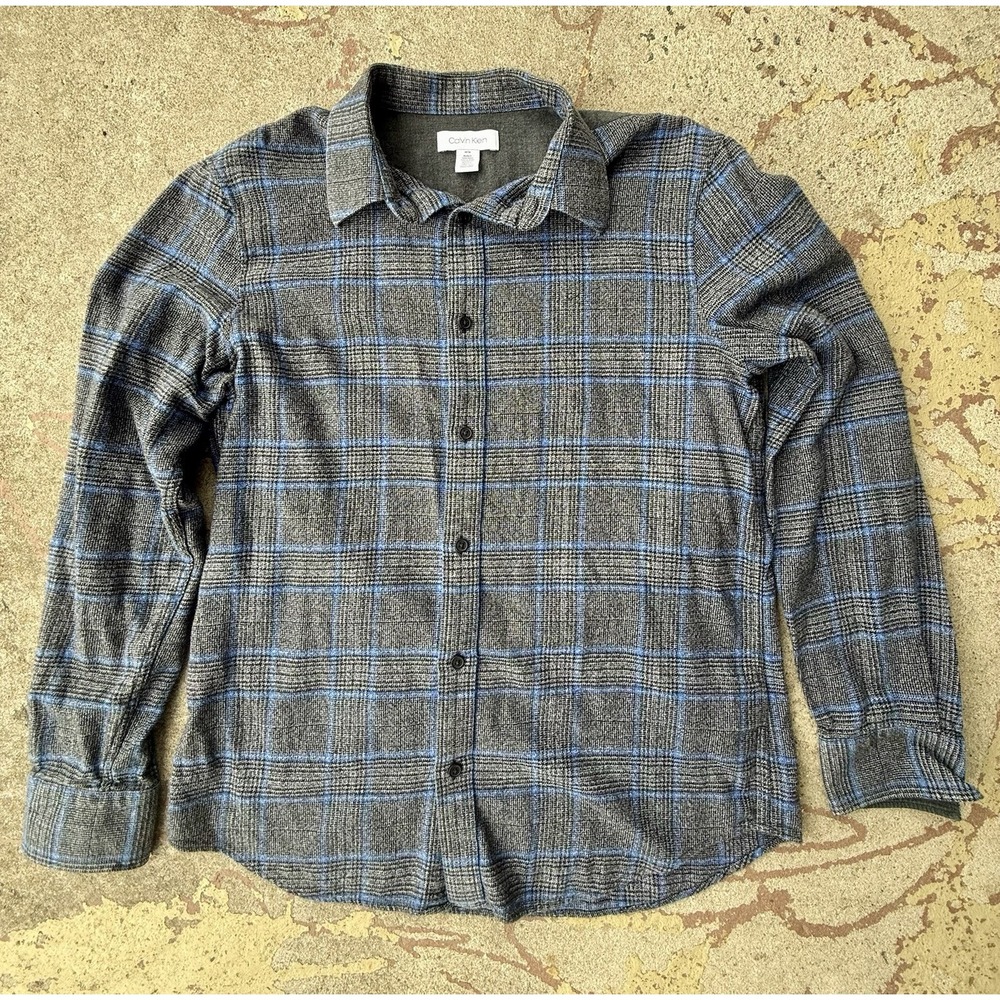CALVIN KLEIN Shirt Men's M Black Gray Blue White Plaid Flannel‎ Elbow Patch